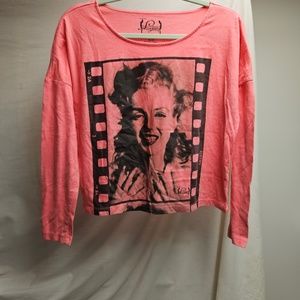 2for$20 Marilyn Monroe movie long sleeve crop blouse top shirt neon pink black